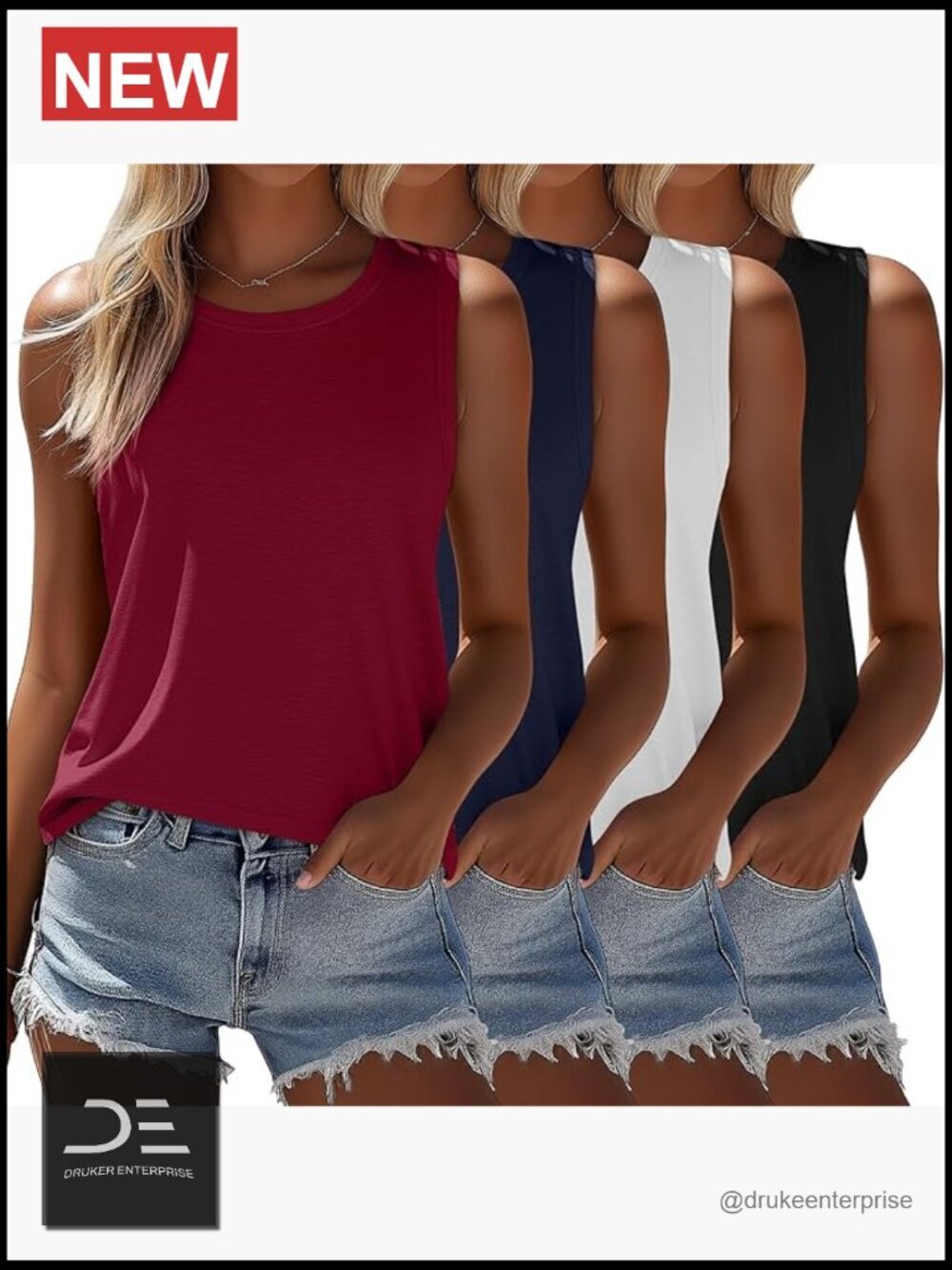 4 Pack Sleeveless Tanks Crew Neck Loose Fit Stretchy Summer Layering